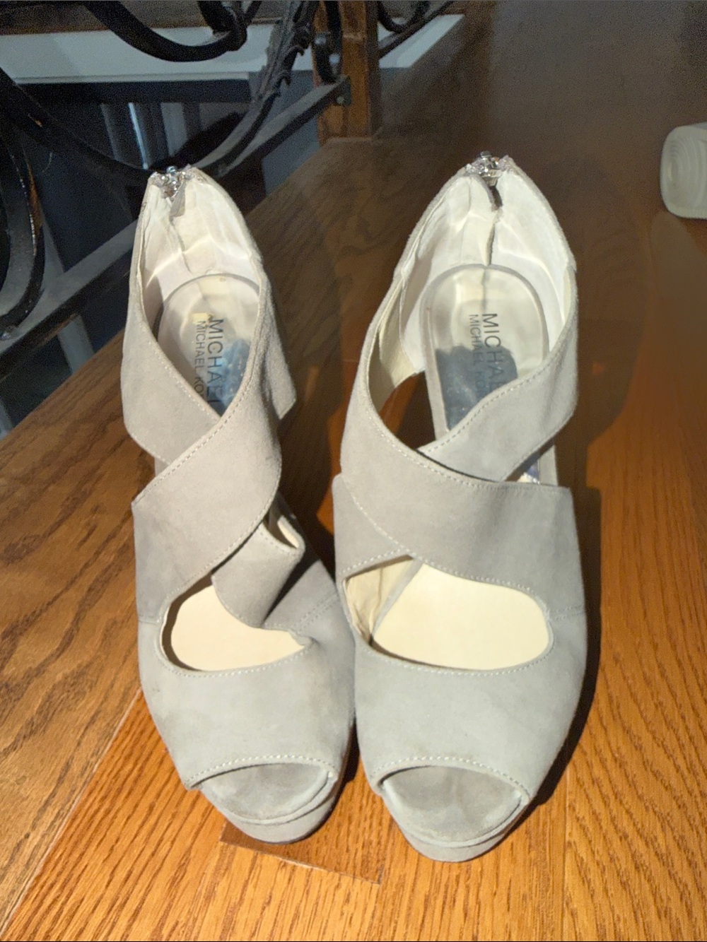 MICHAEL Michael Kors Taupe Suede Crisscross Peep-Toe Wedges
